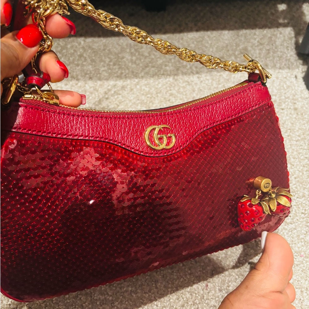 Gucci Red Sequin Shoulder Bag with Gold Chain and Strawberry Charm
